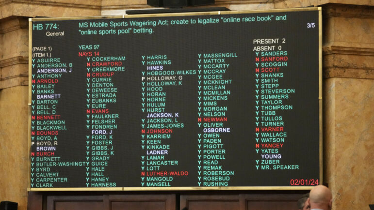 The electronic vote board shows the tally from votes cast by members of the Mississippi House of Representatives in support of the Mobile Sports Wagering Act, following floor debate in the Mississippi House Chamber, Thursday, Feb. 1, 2024, at the state Capitol in Jackson, Miss.