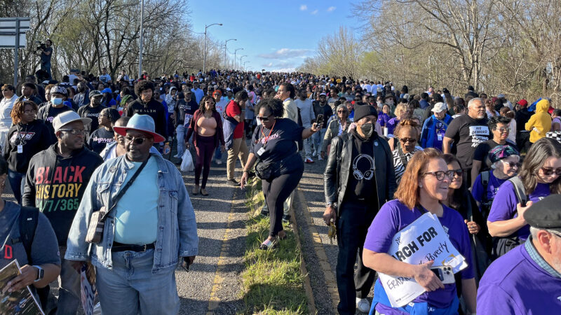Thousands of people prepare to walk across the Edmund Pettus Bridge in Selma, Alabama, ahead of the Selma Jubilee March for Voting Rights on March 3, 2024.