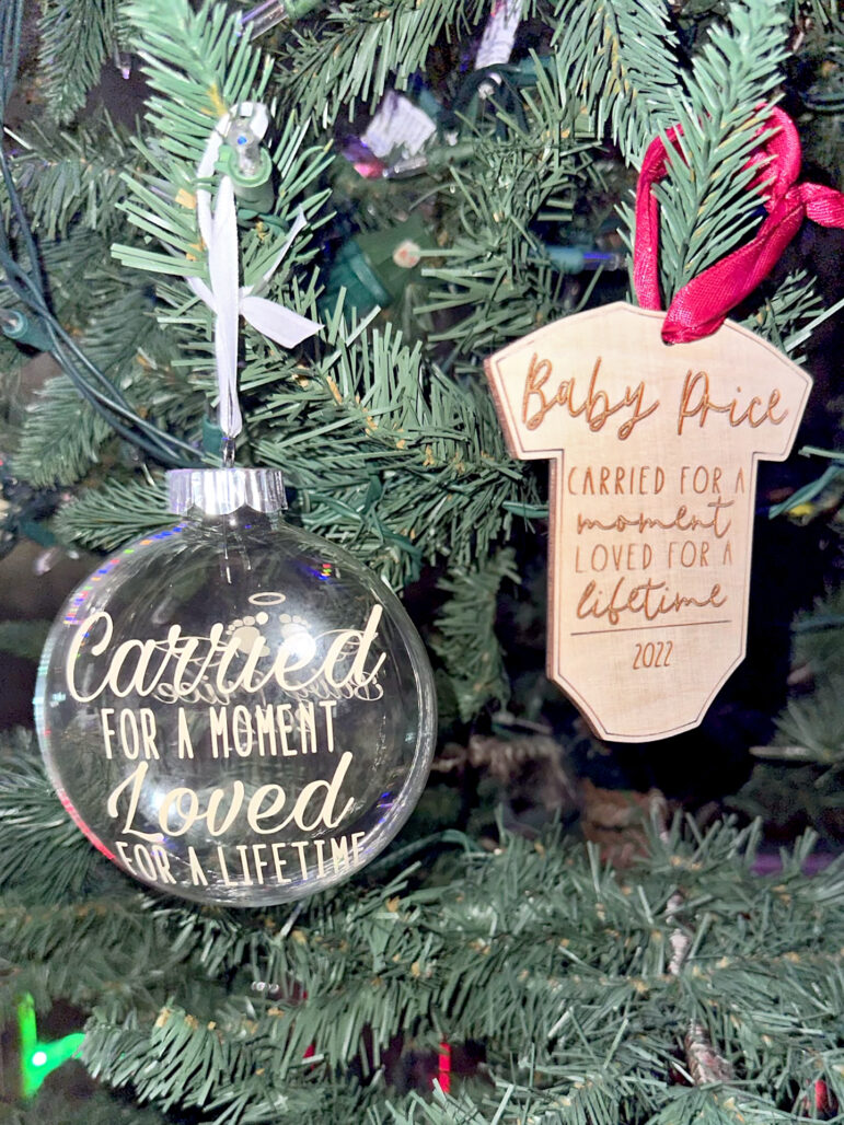 Christmas ornaments gifted to Gabbie and Brady Price commemorate Gabbie’s miscarriage.