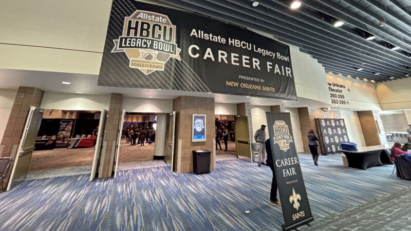 The entrance hall to the HBCU Legacy Bowl’s career fair at The Ernest N. Morial Convention Center in downtown New Orleans on Feb. 22, 2024.