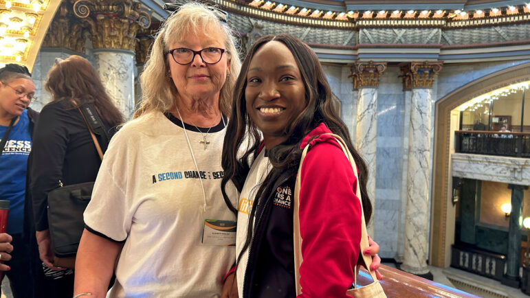 Elizabeth English (left) and Mississippi Center for Reentry executive director Cynetra Freeman pose for a photo at the Mississippi Capitol in Jackson, Mississippi, on March 5, 2024.