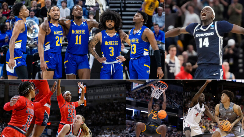 A dozen schools from the Gulf South made it into the 2024 NCAA men’s and women’s basketball tournaments, including (left-right, top-bottom) McNeese State University, Samford University, Jackson State University, Grambling State University and the University of Alabama at Birmingham.