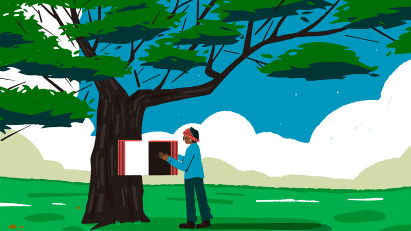 An illustration of Salaam Green, Birmingham's inaugural poet laureate, with a tree.