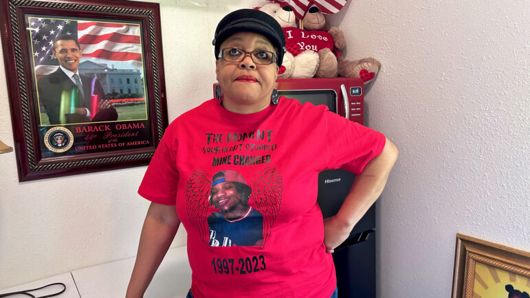 Monica Fabre, Jerome Stevenson's family spokesperson, wears a T-shirt remembering Stevenson.