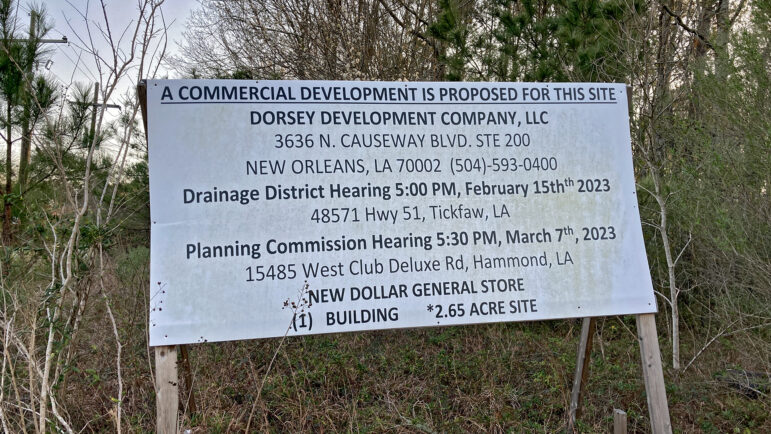 A sign for the proposed Dollar General in Tangipahoa Parish sits on a vacant lot on Feb. 24, 2024.