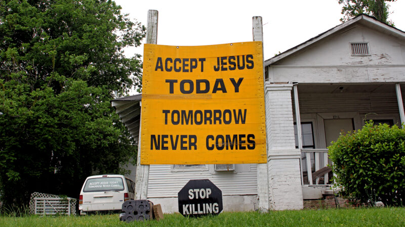A neighborhood sign in Shreveport, Louisiana, seems to address the city’s rise in violence on April 17, 2024.