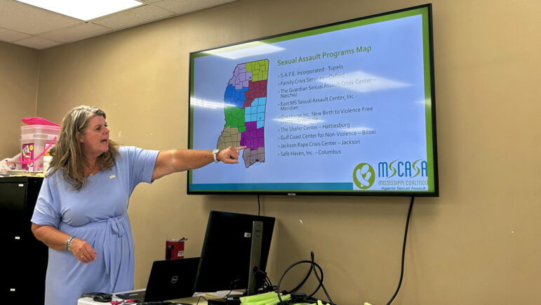 Shalotta Sharp explains sexual assault programs in Mississippi to a group of nurses training to become sexual assault nurse examiners in Meridian, Mississippi, on July 8, 2024.