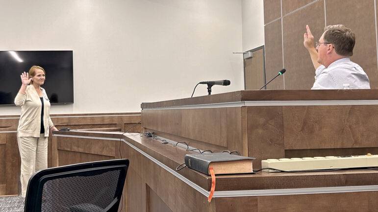 Nurse Gennie Cochran swears in during the mock trial portion of her training to become a sexual assault nurse examiner in Meridian, Mississippi, on July 12, 2024.