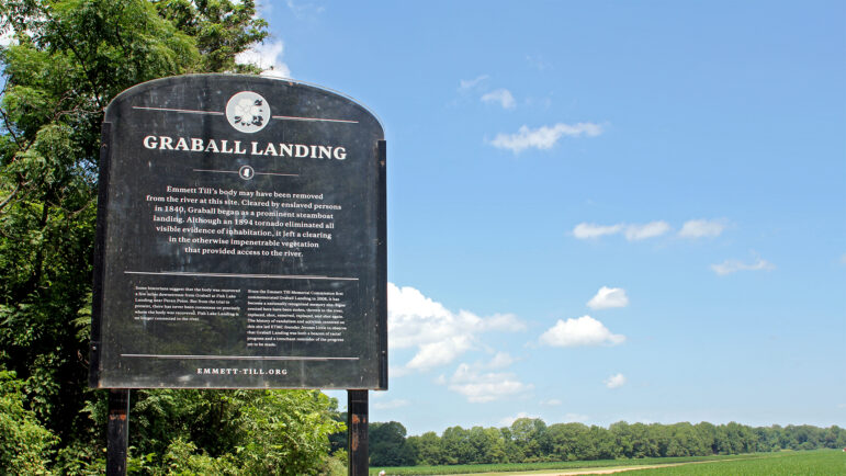 A new sign commemorates where Emmett Till’s body was pulled from the Tallahatchie River at Graball Landing in Mississippi on June 21, 2024.