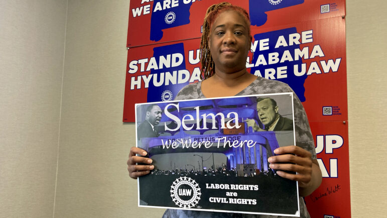 Hyundai Quality Inspector Quichelle Liggins talks about the connection between the labor movement and civil rights at the UAW’s headquarters outside of Montgomery, Alabama. July 11, 2024.