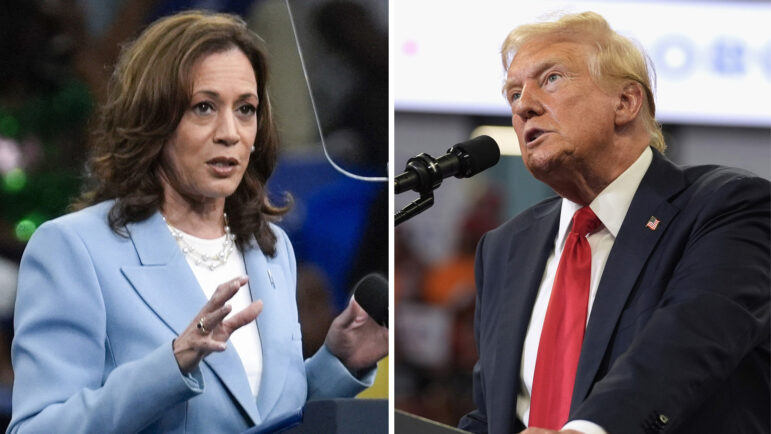 This combination of photos taken at campaign rallies in Atlanta shows Vice President Kamala Harris on July 30, 2024, left, and Republican presidential candidate former President Donald Trump on Aug. 3.