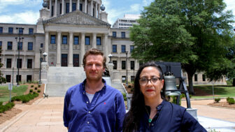 Blake Feldman and Paloma Wu pose for a portrait at the Mississippi Capitol building on June 11, 2024.