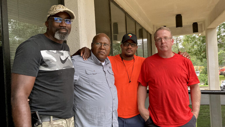 The “forefathers” of the Nissan union efforts in Canton, Mississippi, stand together after an interview at Mississippi Public Broadcasting on July 26, 2024. From left to right, Rahmeel Nash, Ernest Whitfield, Morris Mock and Travis Parks.