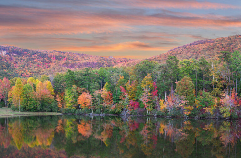 Fall foliage reflected in the lake at Cheaha State Park, Alabama