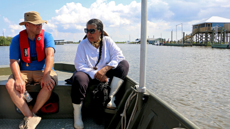 James Karst (left) and Rosina Philippe (right) take a boat ride to visit Lemon Tree Mound on Sept. 20th, 2024.