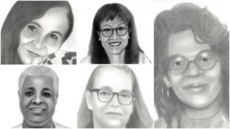 (left to right, top to bottom) A collage of illustrations of the Mississippi Five — Loretta Pierre, Anita Krecic, Linda Ross, Lisa Crevitt and Evelyn Smith.