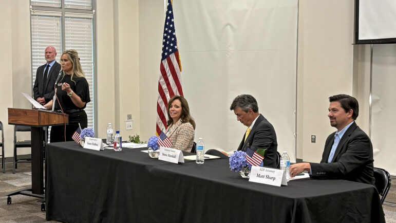 (sitting down left to right) Alabama State Rep. Susan Dubose, Alabama Attorney General Steve Marshall and Matt Sharp attend Moms For Liberty’s town hall in Pelham, Alabama, to discuss the Biden-Harris Administration’s Title IX changes.