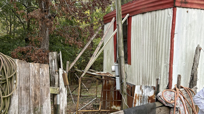 One side of the Perrymans’ manufactured house is propped up with boards on Wednesday, October 30, 2024, in Letohatchee, Alabama.