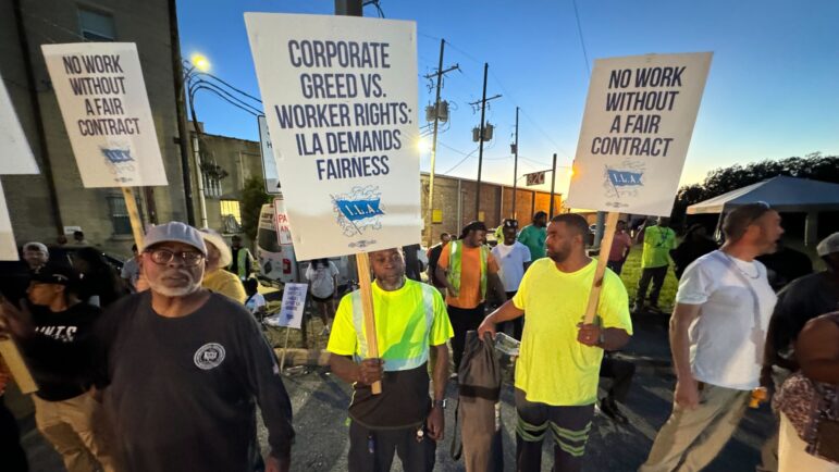 New Orleans members of the International Longshoremen's Association strike outside of the Port of New Orleans on Oct. 1, 2024.