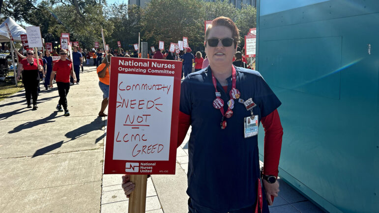 Nurse Heidi Tujauge stands outside University Medical Center on October 25, 2024, in New Orleans, Louisiana.