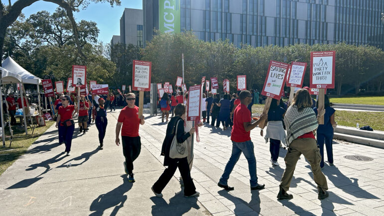 UMC Nurses and their supporters march along their picket line on their one-day strike, on October 25, 2024.