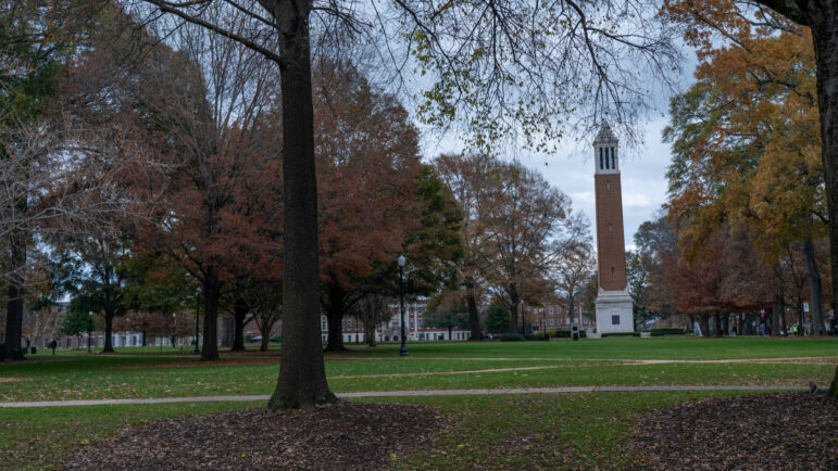 Denny Chimes stand above the Quad on the campus of The University of Alabama.