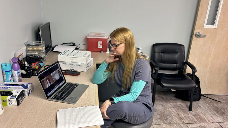 Nurse Rebecca Havlik talks to teleSANE Shalotta Sharp at Hearts of Hope, a sexual assault center in Lafayette, Louisiana, on December 4, 2024.