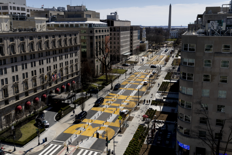 Photo of Black Lives Matter plaza and mural taken on Friday, March 7, 2025. Reconstruction on D.C.'s Black Lives Matter plaza began this morning. The 50-foot long street mural spelling out Black Lives Matter on 16th Street was created during the 2020 protests following the police killing of George Floyd. According to a DDOT statement, work on the plaza will take six to eight weeks to complete. Mayor Bowser said that the plaza will be part of DC's America 250 mural project, "where we will invite students and artists to create new murals across all eight wards."