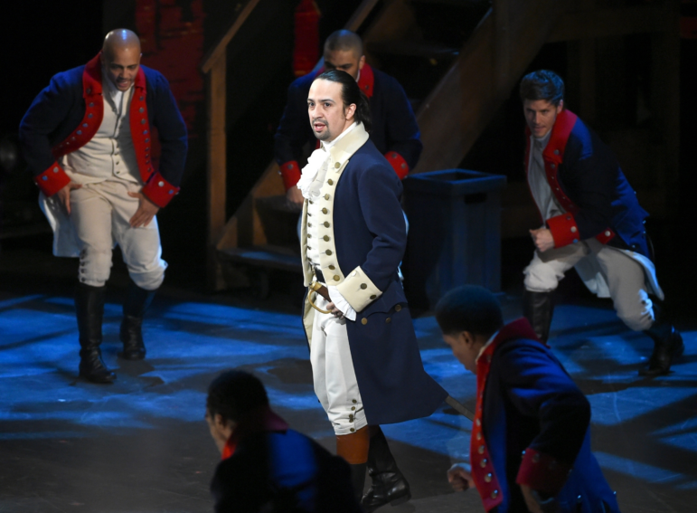 Lin-Manuel Miranda and the cast of "Hamilton" perform at the Tony Awards in 2016. The show has garnered near-universal acclaim since its 2015 opening.