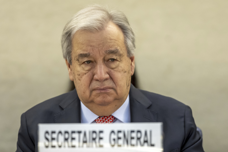 U.N. Secretary-General Antonio Guterres attends the High-Level Segment of the 58th session of the Human Rights Council at the European headquarters of the United Nations in Geneva, Switzerland on Monday, Feb. 24, 2025.