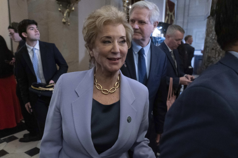 U.S. Education Secretary Linda McMahon leaves the House Chamber after President Donald Trump’s join address to Congress on Tuesday.