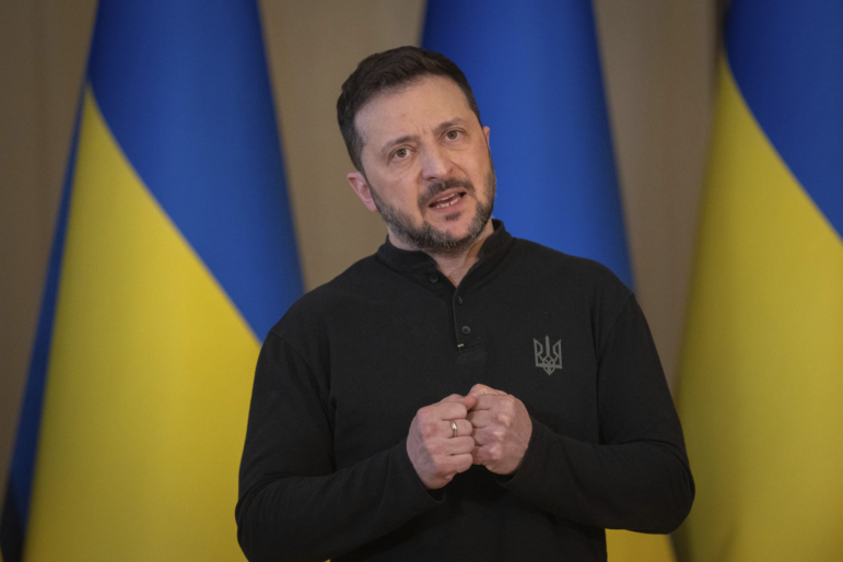 Ukrainian President Volodymyr Zelenskyy speaks during the briefing in Kyiv, Ukraine, Wednesday.