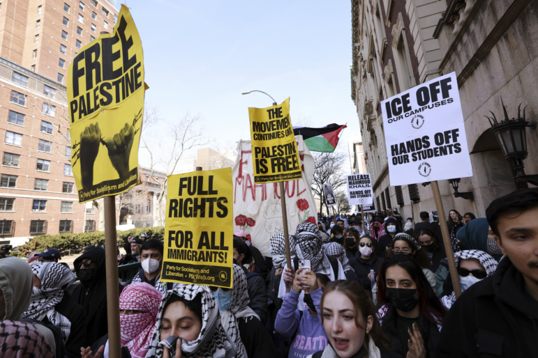 Protesters rally in support of detained Palestinian activist Mahmoud Khalil outside Columbia University in New York on Friday, March 14, 2025.