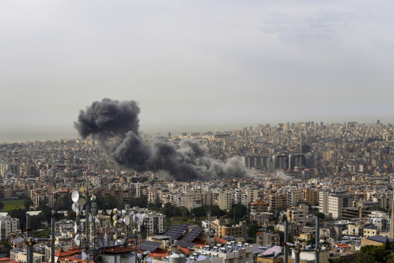 Smoke rises following an Israeli airstrike on Dahiyeh, in the southern suburb of Beirut, Lebanon, Friday.