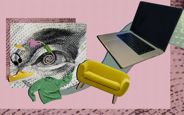This photo collage shows an open laptop in the top-right corner of the frame and various items emanating from the laptop in a spiral: a yellow couch, a green sweater, yellow shoes, headphones, a pink sweater, a green couch and pink shoes. The items spiral into a cutout of an oversize eye from the Benjamin Franklin 100-dollar bill, all representing the trend of buy-now, pay-later online shopping.
