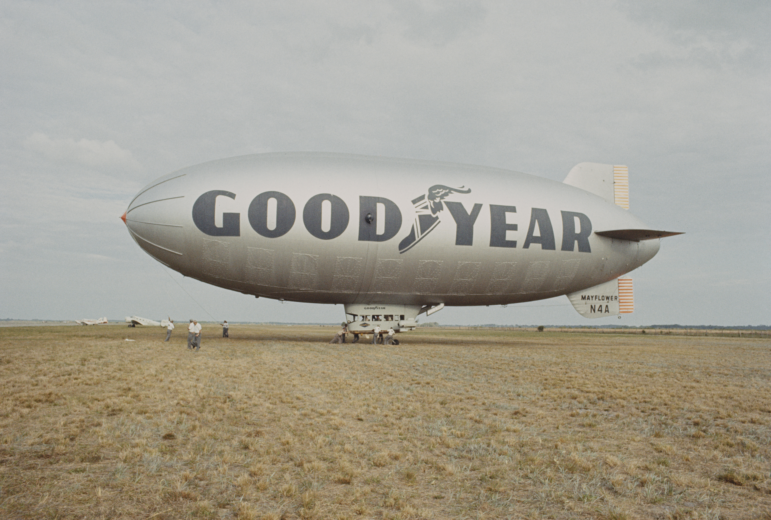 A Goodyear Blimp, circa 1960. The airships have acted as massive, floating billboards for Goodyear tires since 1925.