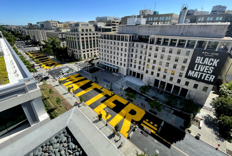 Black Lives Matter Plaza on 16th Street is repainted following the removal of the lettering for a construction project on May 13, 2021 in Washington, DC. The words "Black Lives Matter" was painted on the two block section of 16th Street last year in the wake of the George Floyd protest.