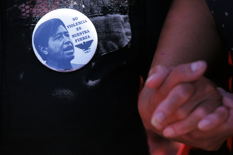 A Cesar Chavez button is seen in El Paso, Texas, during a celebration of the civil rights leader on March 31, 2000.