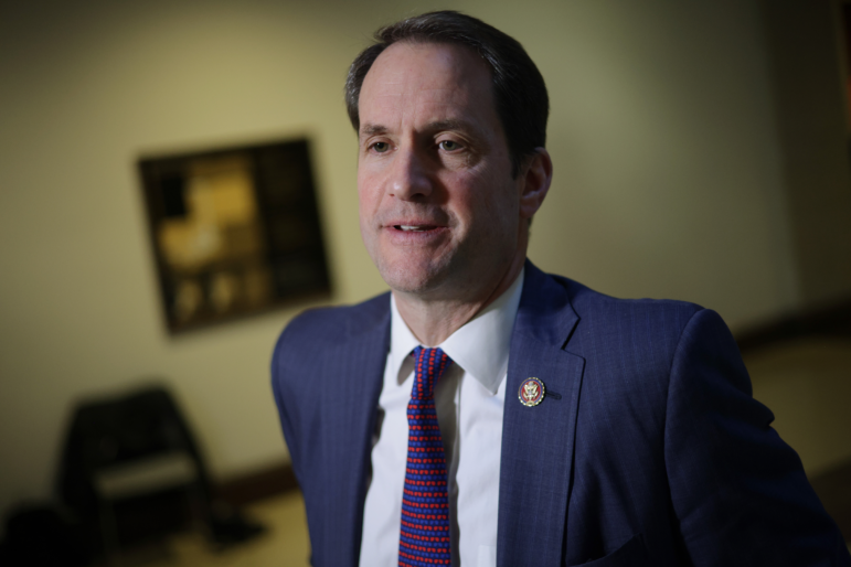WASHINGTON, DC - FEBRUARY 14: U.S. Rep. Jim Himes (D-CT) speaks to members of the press after a briefing at the U.S. Capitol on February 14, 2024 in Washington, DC. Earlier in the day, Turner released a public statement warning members of Congress about a "serious national security threat" without giving any information about the nature of the threat and demanded that President Joe Biden declassify the information. (Photo by Alex Wong/Getty Images)
