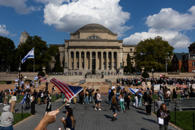 Columbia students organize dueling memorials and rallies both for Israel and Palestinians in Gaza on the one-year anniversary of the October 7th Hamas attack, on Oct. 7, 2024 in New York City.