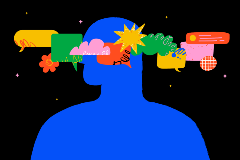 An abstract illustration of a bright blue human profile against a black background. The human head is surrounded by brightly-colored shapes — speech bubbles, starbursts, circles, rectangles, and flowers — symbolizing distractions and things competing for someone's attention.