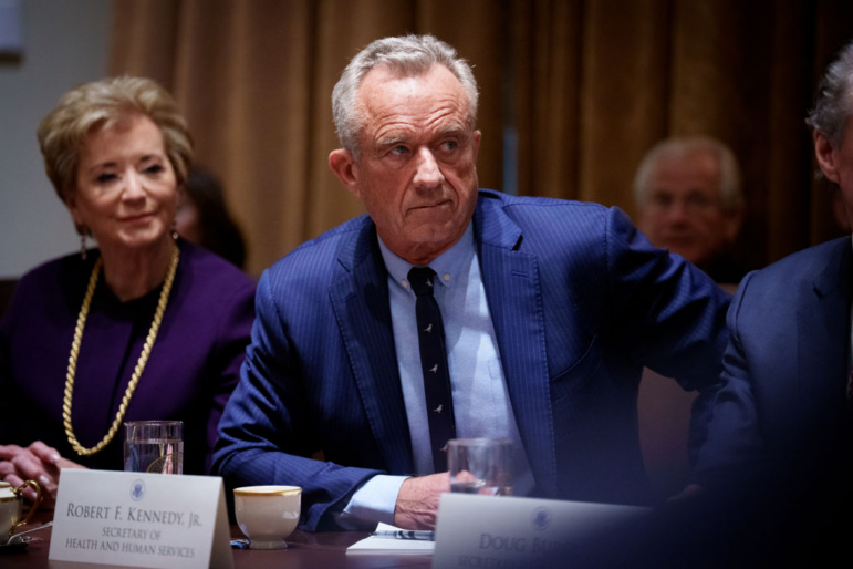 Education Secretary nominee Linda McMahon (L), and U.S. Health and Human Services Secretary Robert F. Kennedy Jr., (C) appear during a Cabinet meeting at the White House on February 26, 2025 in Washington, DC.