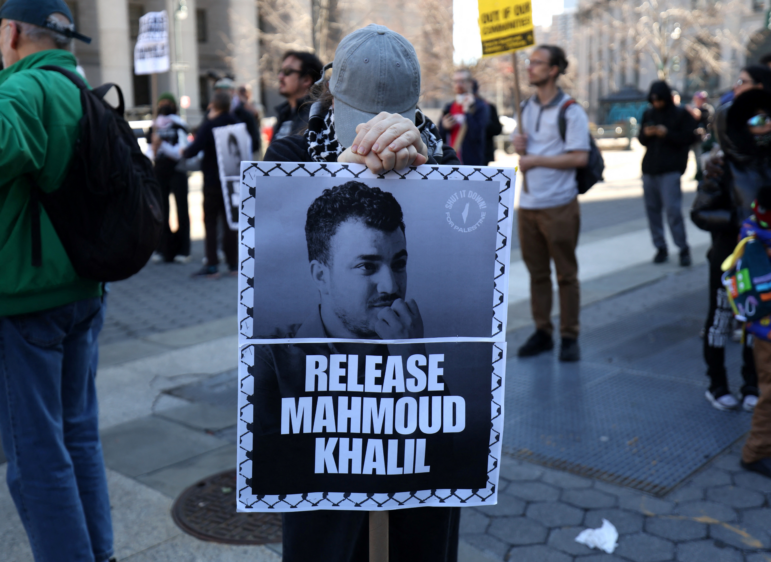Pro-Palestinian protestors demonstrate in Lower Manhattan on Monday, after immigration officers arrested a leader of the protests at Columbia University against Israel's war against Hamas in Gaza. Mahmoud Khalil, one of the most prominent faces of the university's protest movement, was arrested on March 9.