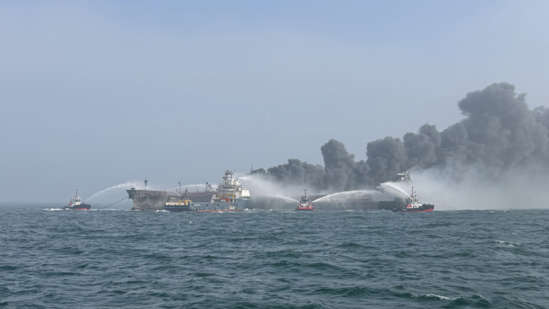 Fire and rescue services attend after a collision between oil tanker MV Stena Immaculate and the cargo vessel MV Solong off the coast of the Humber Estuary on Monday.