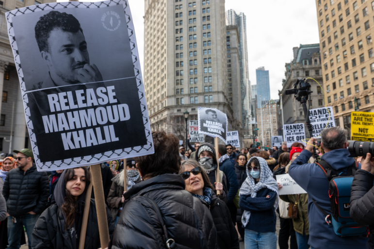 Hundreds stand outside of a New York courthouse to protest the arrest and detention of Mahmoud Khalil, a green card holder who was arrested by federal immigration agents in New York City.