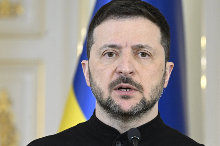 Ukrainian President Volodymyr Zelenskyy speaks during a joint press conference with the Finnish president at the Presidential Palace in Helsinki on Wednesday. Ukraine's President Zelensky and First Lady Zelenska are on an official visit to Finland.