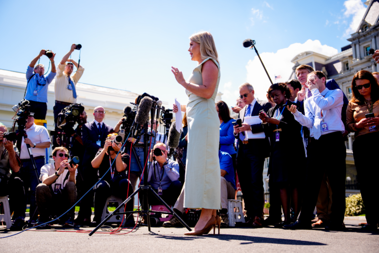 White House press secretary Karoline Leavitt speaks to reporters on the White House driveway on March 31, 2025.