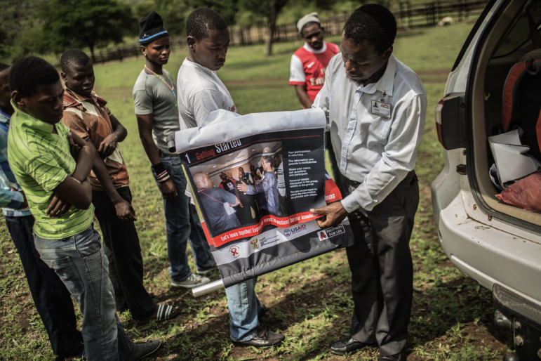 South African boys from a rural area in the KwaZulu Natal province are briefed by an health worker from Doctors Without Borders (MSF) before undergoing medical circumcision as a form of HIV prevention on November 8, 2014 in the Mbongolwane district. The World Health Organization (WHO) says there were some 35 million people around the world living with HIV by the end of 2013, with some 2.1 million new infections during the course of that year. Sub-Saharan Africa is the most affected region, with almost 70 percent of new infections.