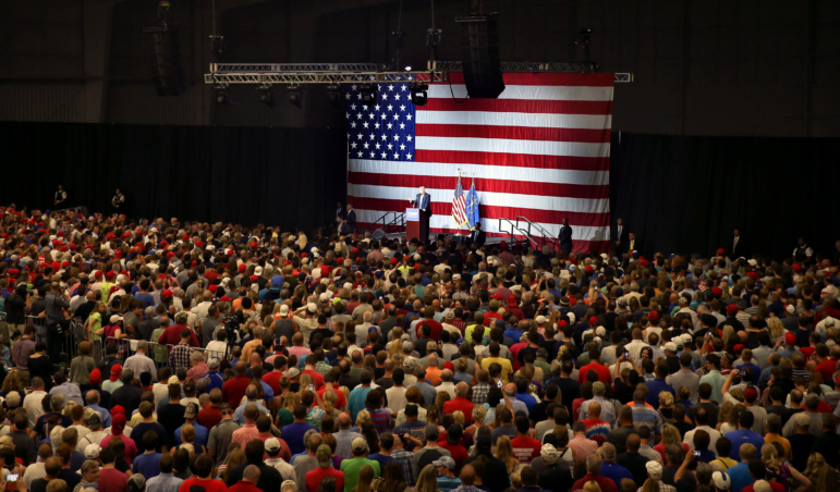 In 2016, Donald Trump, as the then-presumptive Republican nominee for U.S. president, addresses a campaign rally at the Grand Park Events Center in Westfield, Ind., where Trump’s current federal hiring freeze has forced a special local census to be put on hold.