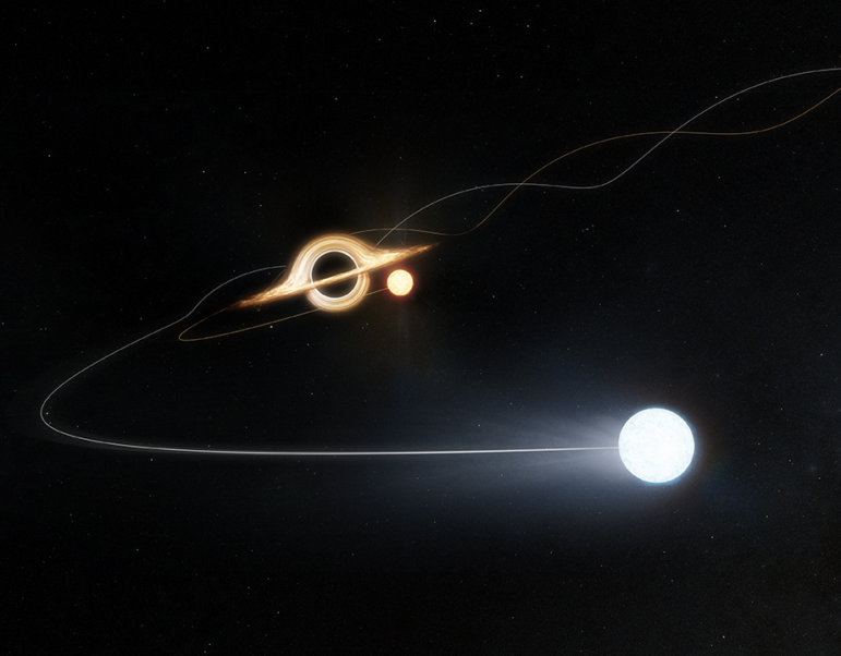An artists impression of a black hole flinging a hypervelocity star out of the Large Magellanic Cloud.